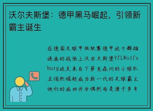 沃尔夫斯堡：德甲黑马崛起，引领新霸主诞生